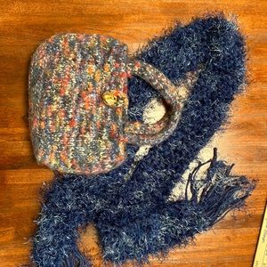 Set/2:handknit&Felted minipurse- 6x10”-multi color & blues. 62” long blue scarf.